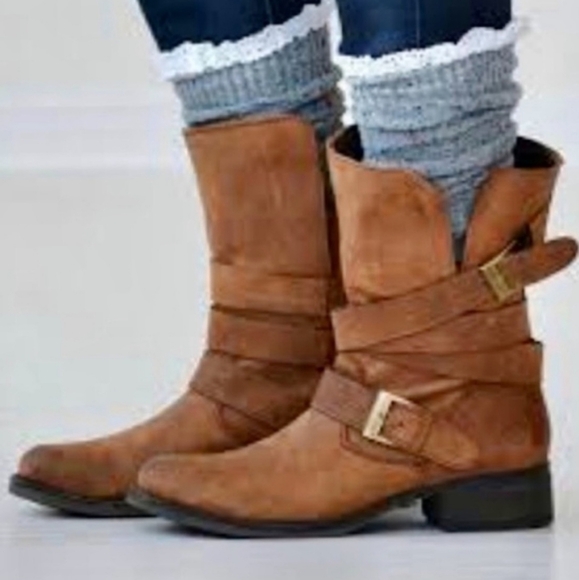NWT Steve Madden Brewzzer Cognac Leather Belted Mid Calf Moto Boot Size 7.5 - Picture 2 of 12